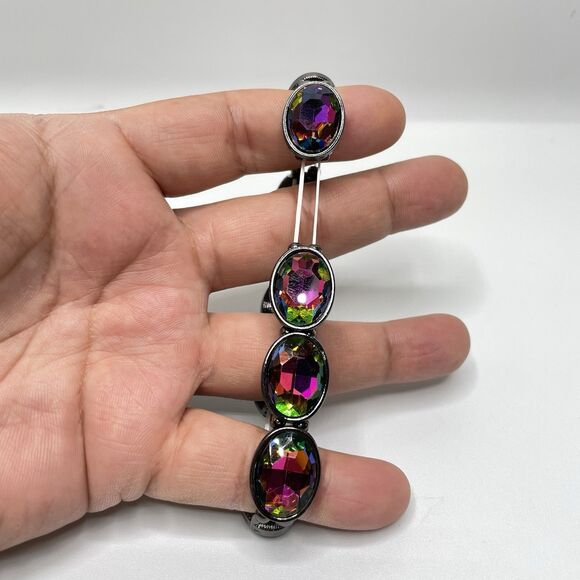 Gun Metal Black AB Glass Oval Cut Stretch Bracelet Gothic Statement 6.5" - Picture 6 of 6